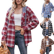 Women'S Flannel Plaid Coat Hooded Casual Shirt