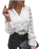 White Lace Long Sleeved V-Neck Button Up Shirt