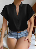 V-Neck Single Breasted Women'S Short Sleeved Shirt