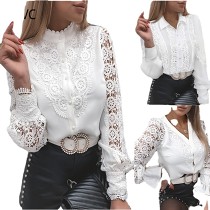 White Lace Long Sleeved V-Neck Button Up Shirt