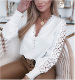 Long Sleeved V-Neck Lace Patchwork Shirt White