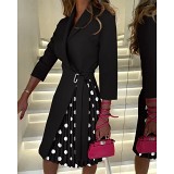 V-Neck Mid Sleeve Tie Pleated Dress For Women