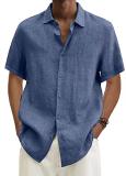 V-Neck Cotton Linen Short Sleeved Solid Color Shirt For Men