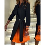 V-Neck Fashion Strapping Mid Sleeve Pleated Dress