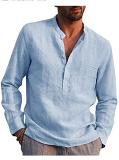 Men'S Long Sleeved V-Neck Casual Beach Linen Shirt