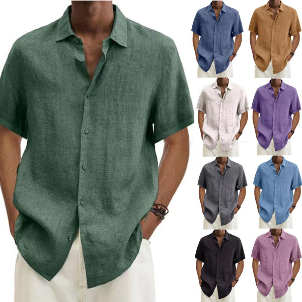 V-Neck Cotton Linen Short Sleeved Solid Color Shirt For Men