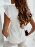 Ruffled Short Sleeve V-Neck Solid Women'S Shirt Top