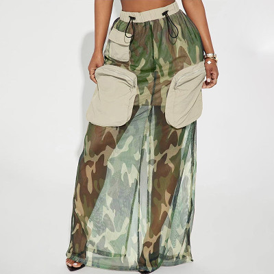 Tooling Style Personality Hot Girl Camouflage Mesh Skirt Pocket Splicing Elastic Waist Summer Thin Long Skirt