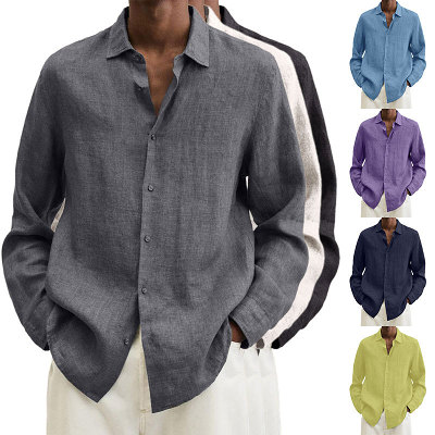 Long Sleeved V-Neck Cotton Linen Shirt For Men