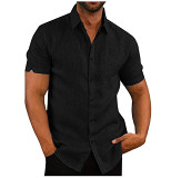Polo Collar Short Sleeve Button Men Flax Shirt
