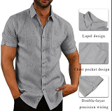 Polo Collar Short Sleeve Button Men Flax Shirt