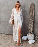 Lace Long Sleeve V-Neck Solid Chiffon Summer Dress