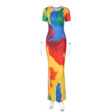 Milk Silk Round Neck Short Sleeve Rainbow Dress