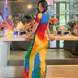 Milk Silk Round Neck Short Sleeve Rainbow Dress