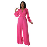 Autumn And Winter V-Neck Pleated Fabric Long-Sleeved Waist Wide-Leg Pants Jumpsuit