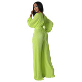 Autumn And Winter V-Neck Pleated Fabric Long-Sleeved Waist Wide-Leg Pants Jumpsuit