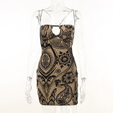 Flocking Printed Hollowed Out Party Strap Short Dress