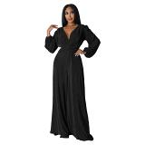 Sexy V-Neck Long Sleeved High Waisted Wide Leg Jumpsuit