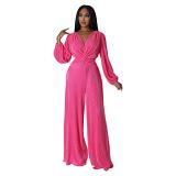 Sexy V-Neck Long Sleeved High Waisted Wide Leg Jumpsuit