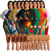 Large Size Printed High Waisted Elastic Long Sleeved Shorts Set