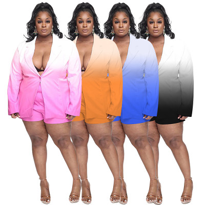 Large Size Women Long Sleeved Suit Coat Shorts Gradient Set