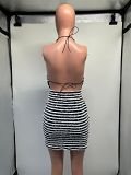 Women'S Striped Fabric Open Back V-Neck Tie Up Dress