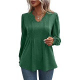 Top bubble sleeve tie V-neck long sleeved T-shirt