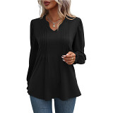 Top bubble sleeve tie V-neck long sleeved T-shirt