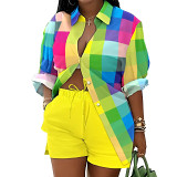 Printed Color Long Sleeved Shirt Shorts Two-Piece Set