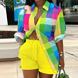 Printed Color Long Sleeved Shirt Shorts Two-Piece Set