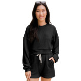 Women'S Round Neck Long Sleeved Sweater Shorts Two-Piece Set