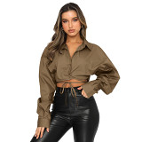 Long Sleeved Short Loose Fitting Solid Color Casual Fashion Shirt