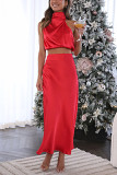 Satin Multi Color Slim Fit Skirt Two Piece Set For Women