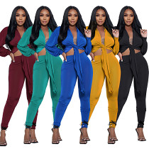 Women's cardigan tie long sleeved tight pants two-piece set