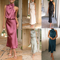 Women'S Sleeveless Hanging Neck Solid Satin Dress