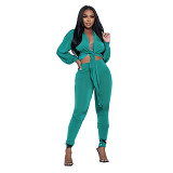 Women's cardigan tie long sleeved tight pants two-piece set
