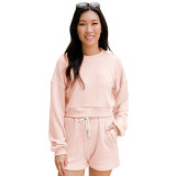 Women'S Round Neck Long Sleeved Sweater Shorts Two-Piece Set