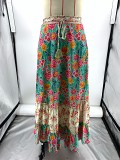 Cotton Blended Printed Ruffle Edge Long Skirt For Women