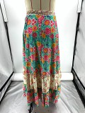 Cotton Blended Printed Ruffle Edge Long Skirt For Women