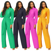 Pleated Lapels, Long-Sleeved Wide-Leg Jumpsuit With Belt