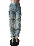 Retro Denim Pants Casual Multi Pocket Jeans For Women