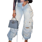 Retro Denim Pants Casual Multi Pocket Jeans For Women