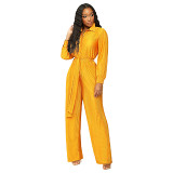 Pleated Lapels, Long-Sleeved Wide-Leg Jumpsuit With Belt