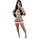Long-Sleeved Knitted Striped Sexy Contrast Color Hollow Skirt Dress