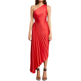 Single Shoulder Pleated Hollow Out Dress(Satin)