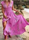 Women V-Neck French Beach Bohemian Print Dress