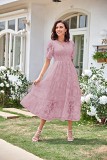 Round Neck Pleated Bubble Sleeved Layered Floral Dress