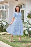 Round Neck Pleated Bubble Sleeved Layered Floral Dress