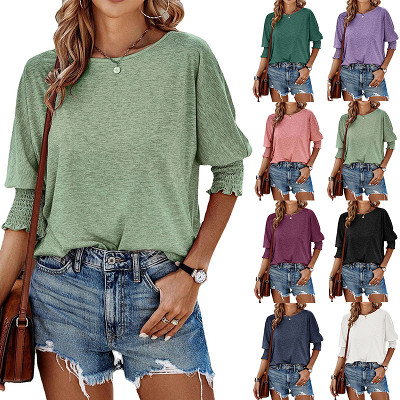 Loose Round Neck Cuffs Tied Short Sleeve T-Shirt For Women