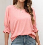 Loose Round Neck Cuffs Tied Short Sleeve T-Shirt For Women